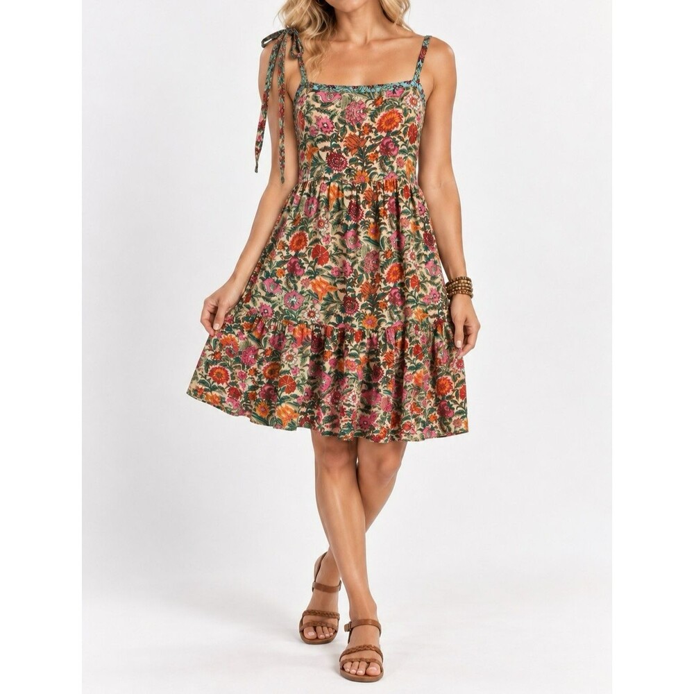 Natural Life Floral Tiered Dress Large Boho Cottagecore Tie Strap Sundress